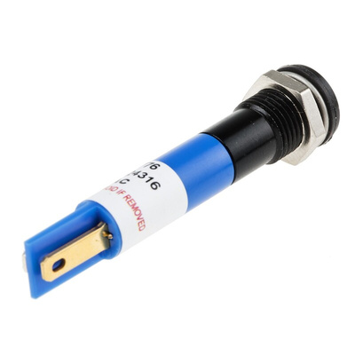 RS PRO Blue Panel Mount Indicator, 220V ac, 8mm Mounting Hole Size, Solder Tab Termination, IP67