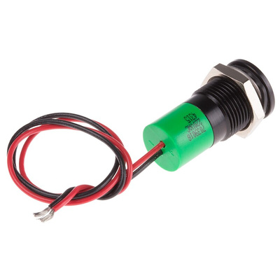 RS PRO Green Panel Mount Indicator, 220V ac, 14mm Mounting Hole Size, Lead Wires Termination, IP67