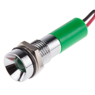 RS PRO Green Panel Mount Indicator, 24V dc, 8mm Mounting Hole Size, Lead Wires Termination, IP67
