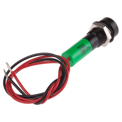 RS PRO Green Panel Mount Indicator, 12V dc, 8mm Mounting Hole Size, Lead Wires Termination, IP67