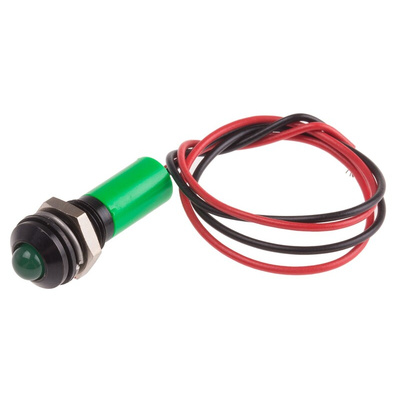 RS PRO Green Panel Mount Indicator, 12V dc, 8mm Mounting Hole Size, Lead Wires Termination, IP67
