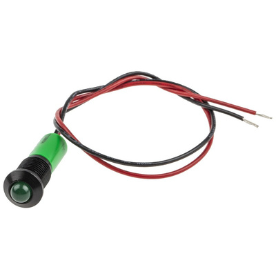 RS PRO Green Panel Mount Indicator, 220V ac, 8mm Mounting Hole Size, Lead Wires Termination, IP67