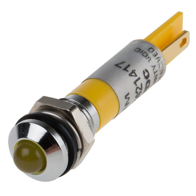 RS PRO Yellow Panel Mount Indicator, 24V dc, 8mm Mounting Hole Size, Faston, Solder Lug Termination, IP67