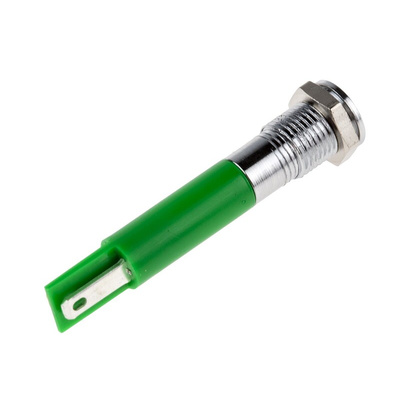 RS PRO Green Panel Mount Indicator, 12V dc, 8mm Mounting Hole Size, Faston, Solder Lug Termination, IP67