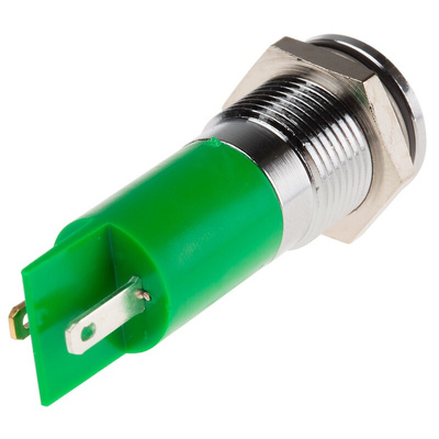 RS PRO Green Panel Mount Indicator, 110V ac, 14mm Mounting Hole Size, Faston, Solder Lug Termination, IP67
