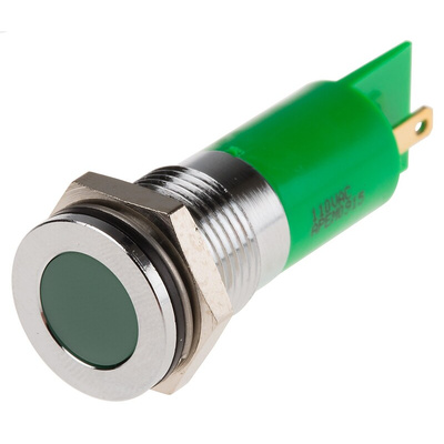 RS PRO Green Panel Mount Indicator, 110V ac, 14mm Mounting Hole Size, Faston, Solder Lug Termination, IP67