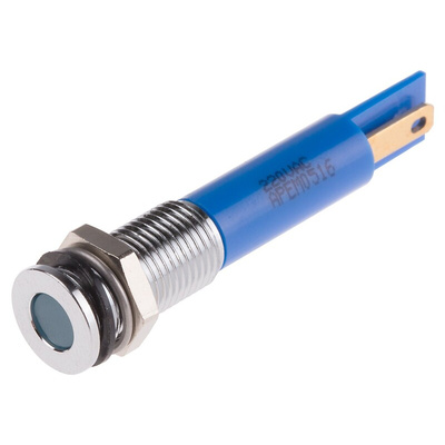 RS PRO Blue Panel Mount Indicator, 220V ac, 8mm Mounting Hole Size, Faston, Solder Lug Termination, IP67