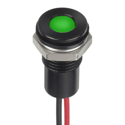 RS PRO Green Panel Mount Indicator, 1.8 → 3.3V dc, 8mm Mounting Hole Size, Lead Wires Termination, IP67