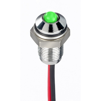RS PRO Green Panel Mount Indicator, 1.8 → 3.3V dc, 6mm Mounting Hole Size, Lead Wires Termination, IP67
