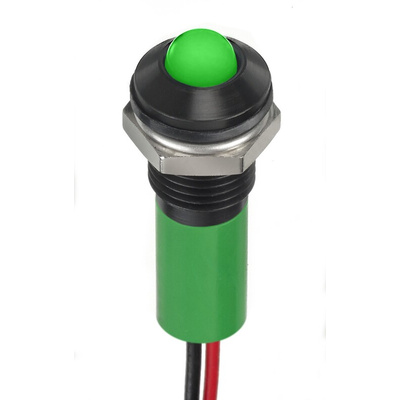 RS PRO Green Panel Mount Indicator, 12V dc, 8mm Mounting Hole Size, Lead Wires Termination, IP67