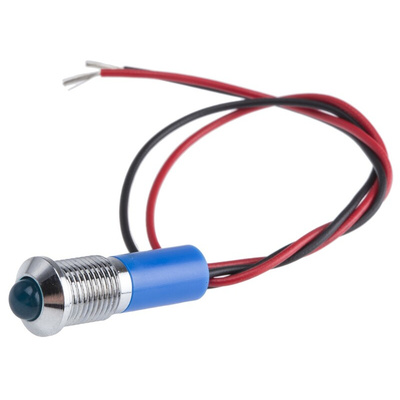 RS PRO Blue Panel Mount Indicator, 24V dc, 8mm Mounting Hole Size, Lead Wires Termination, IP67
