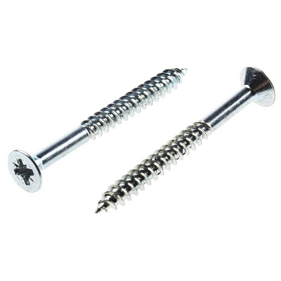 RS PRO Pozidriv Countersunk Steel Wood Screw Bright Zinc Plated, No. 8 Thread, 1.3/4in Length