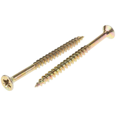 RS PRO Pozidriv Countersunk Steel Wood Screw Yellow Passivated, Zinc Plated, 6mm Thread, 80mm Length