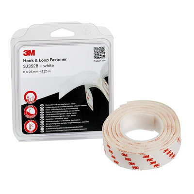 3M White Hook & Loop Tape, 25mm x 1.25m