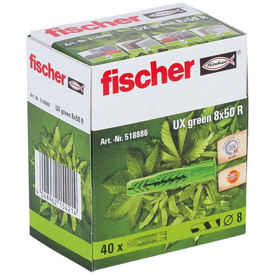 Fischer Fixings Green Nylon Wall Plug, 50mm Length, 8mm Fixing Hole Diameter