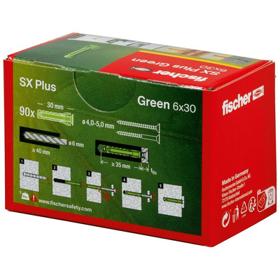 Fischer Fixings Green Wall Plug, 30mm Length, 6mm Fixing Hole Diameter