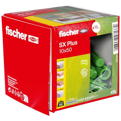Fischer Fixings Green Wall Plug, 50mm Length, 10mm Fixing Hole Diameter