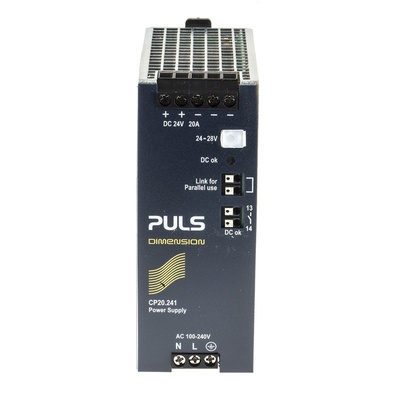 PULS CP Switch Mode DIN Rail Power Supply with Active Power Factor Correction, Excellent Partial Load Efficiency,