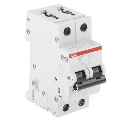 ABB System Pro M Compact S200M MCB, 2P, 6A Curve C, 440V AC, 125V DC, 10 kA Breaking Capacity