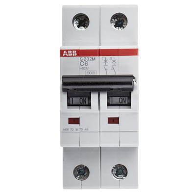 ABB System Pro M Compact S200M MCB, 2P, 6A Curve C, 440V AC, 125V DC, 10 kA Breaking Capacity