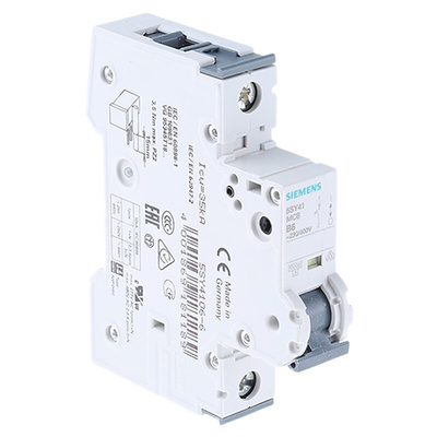 Siemens Sentron 5SY4 MCB, 1P, 6A Curve B, 400V AC, 10 kA Breaking Capacity