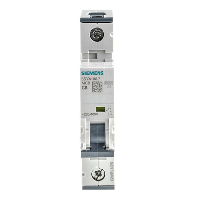 Siemens Sentron 5SY4 MCB, 1P, 6A Curve C, 400V AC, 10 kA Breaking Capacity