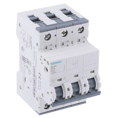 Siemens Sentron 5SY4 MCB, 3P, 16A Curve C, 400V AC, 10 kA Breaking Capacity