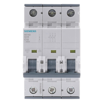Siemens Sentron 5SY4 MCB, 3P, 16A Curve C, 400V AC, 10 kA Breaking Capacity