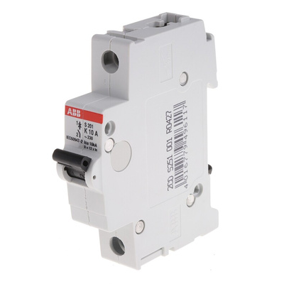 ABB System Pro M Compact S200 MCB, 1P, 10A Curve K, 253V AC, 72V DC, 6 kA Breaking Capacity