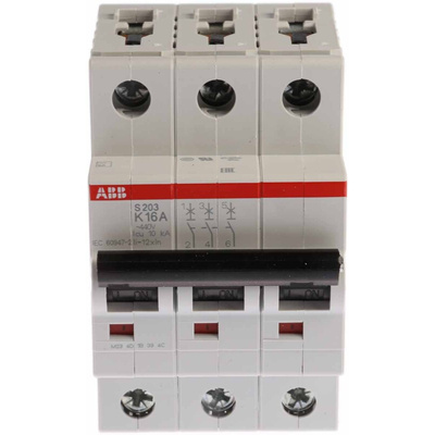ABB System Pro M Compact S200 MCB, 3P, 16A Curve K, 440V AC, 6 kA Breaking Capacity