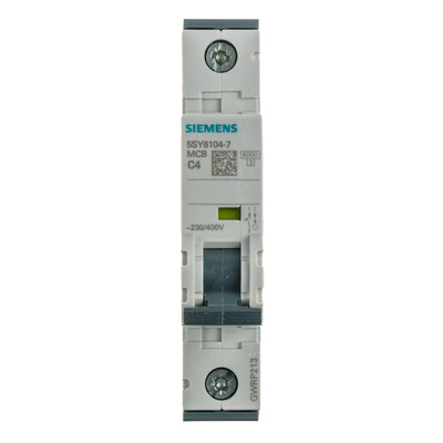 Siemens Sentron 5SY6 MCB, 1P, 4A Curve C, 230V AC, 72V DC, 6 kA Breaking Capacity