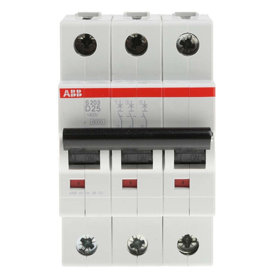 ABB System Pro M Compact S200 MCB, 3P, 25A Curve D, 440V AC, 6 kA Breaking Capacity
