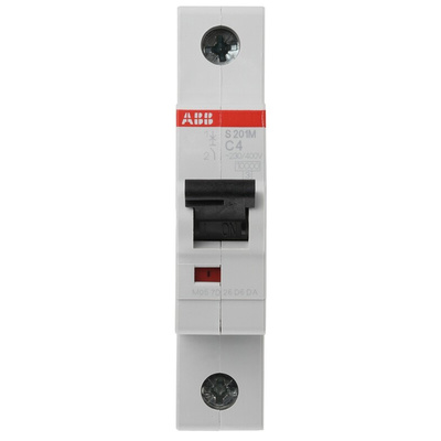 ABB System Pro M Compact S200M MCB, 1P, 4A Curve C, 253V AC, 72V DC, 10 kA Breaking Capacity