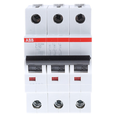 ABB System Pro M Compact S200M MCB, 3P, 10A Curve C, 440V AC, 12V DC, 10 kA Breaking Capacity