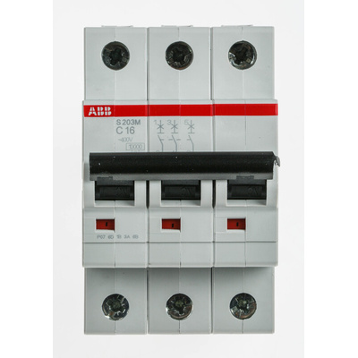 ABB System Pro M Compact S200M MCB, 3P, 16A Curve C, 440V AC, 10 kA Breaking Capacity