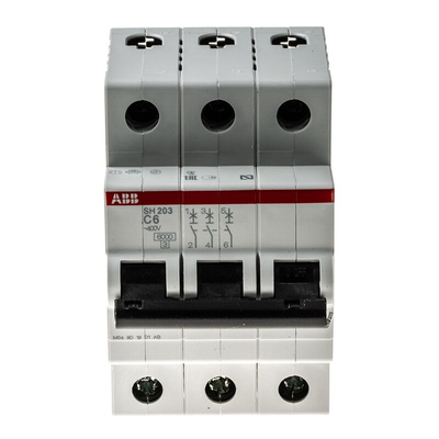 ABB Compact Home SH200 MCB, 3P, 6A Curve C, 440V AC, 6 kA Breaking Capacity