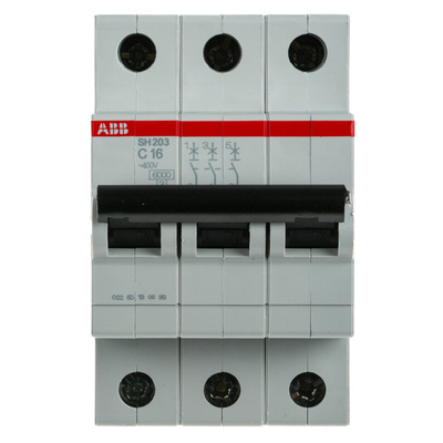 ABB Compact Home SH200 MCB, 3P, 16A Curve C, 440V AC, 6 kA Breaking Capacity