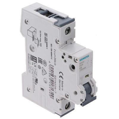 Siemens Sentron 5SY4 MCB, 1P, 4A Curve C, 230V AC, 10 kA Breaking Capacity