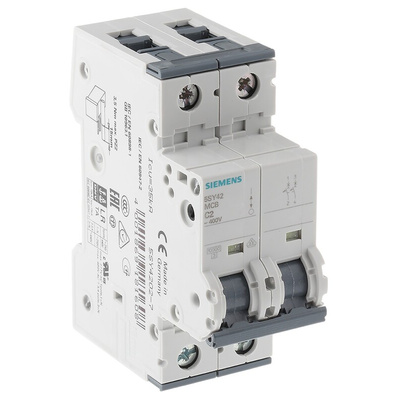 Siemens Sentron 5SY4 MCB, 2P, 2A Curve C, 400V AC, 400V DC, 10 kA Breaking Capacity