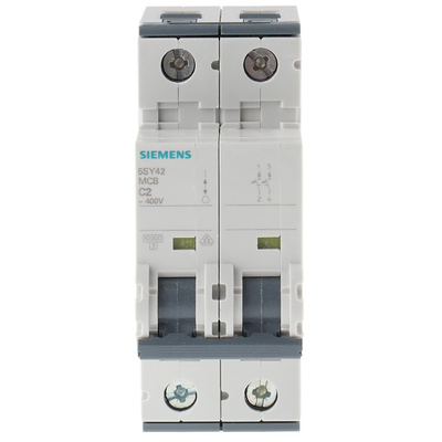 Siemens Sentron 5SY4 MCB, 2P, 2A Curve C, 400V AC, 400V DC, 10 kA Breaking Capacity