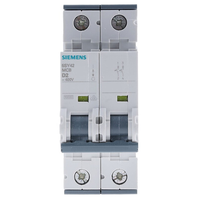 Siemens Sentron 5SY4 MCB, 2P, 2A Curve D, 400V AC, 10 kA Breaking Capacity