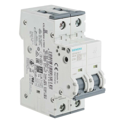 Siemens Sentron 5SY4 MCB, 2P, 16A Curve C, 400V AC, 72V DC, 10 kA Breaking Capacity