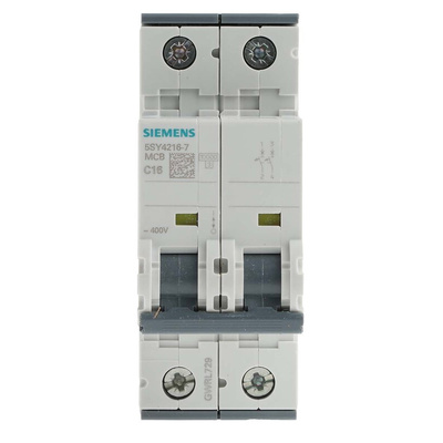 Siemens Sentron 5SY4 MCB, 2P, 16A Curve C, 400V AC, 72V DC, 10 kA Breaking Capacity