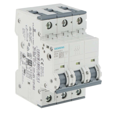 Siemens Sentron 5SY4 MCB, 3P, 10A Curve C, 400V AC, 10 kA Breaking Capacity
