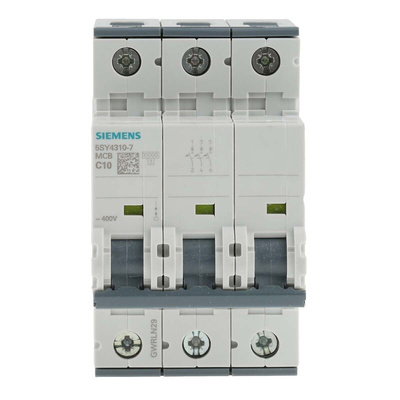 Siemens Sentron 5SY4 MCB, 3P, 10A Curve C, 400V AC, 10 kA Breaking Capacity