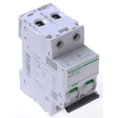 Schneider Electric Acti 9 iC60N MCB, 2P, 2A Curve B, 12 → 133V AC, 100 → 133V DC, 6 kA Breaking Capacity
