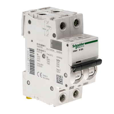 Schneider Electric Acti 9 iC60H MCB, 2P, 32A Curve B, 440V AC, 100 → 133V DC, 10 kA Breaking Capacity