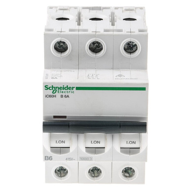 Schneider Electric Acti 9 iC60H MCB, 3P, 6A Curve B, 440V AC, 100 → 133V DC, 10 kA Breaking Capacity