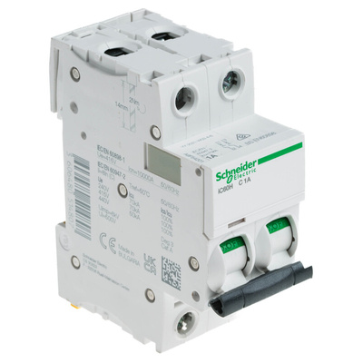 Schneider Electric Acti 9 iC60H MCB Mini Circuit Breaker, 2P, 1A Curve C, 12 → 133 V, 220 → 240 V, 380