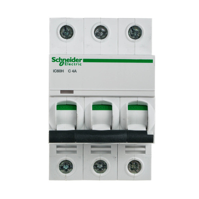 Schneider Electric Acti 9 iC60H MCB, 3P, 4A Curve C, 440V AC, 100 → 133V DC, 10 kA Breaking Capacity